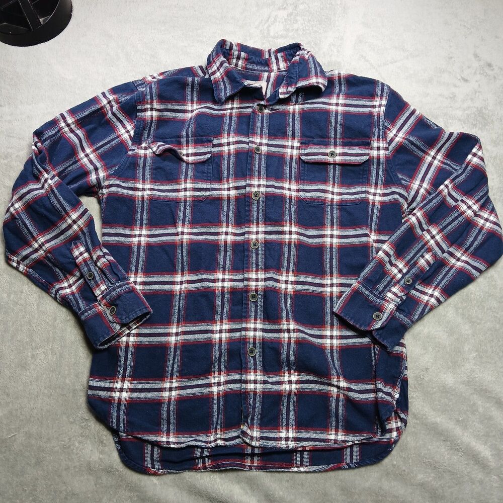 Jachs NY Mens L Large Heavyweight Flannel Button Down Plaid Red White Blue Cabin